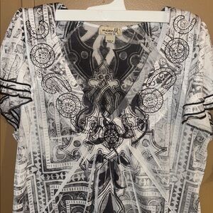 SIZE L, one world, live &let live Black & White V-Neck Embellished Women's Tunic